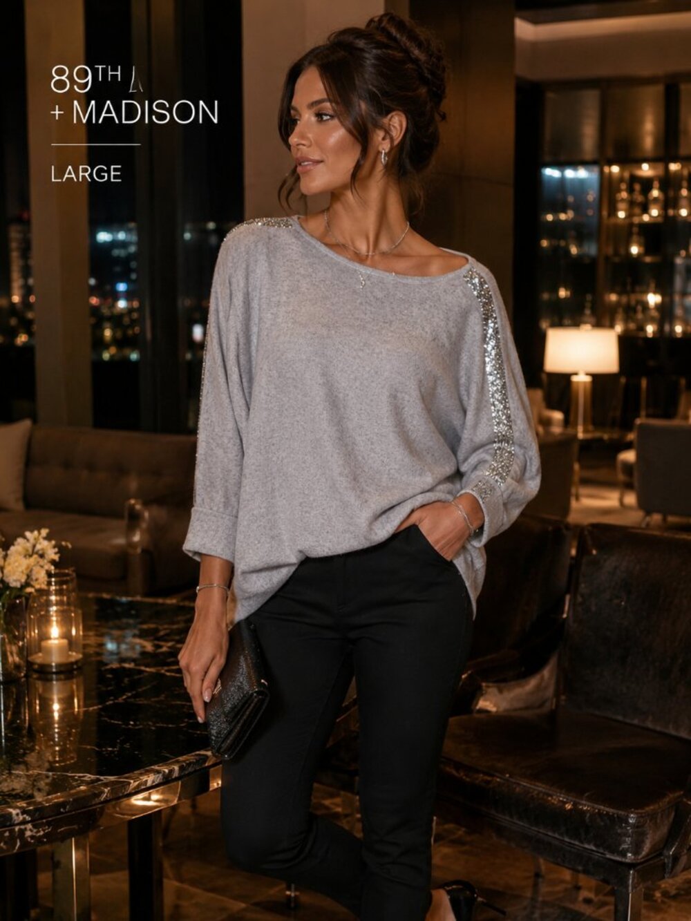 89th + Madison Gray Rhinestone Crystal Sleeve Top Large